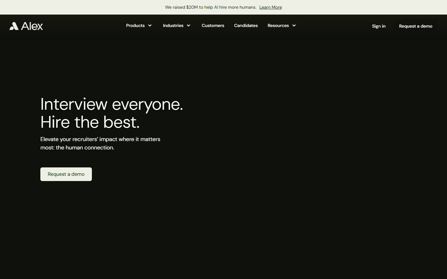 Alex's homepage on 7 October 2026, which presents Alex as an always-on first-round interviewer.