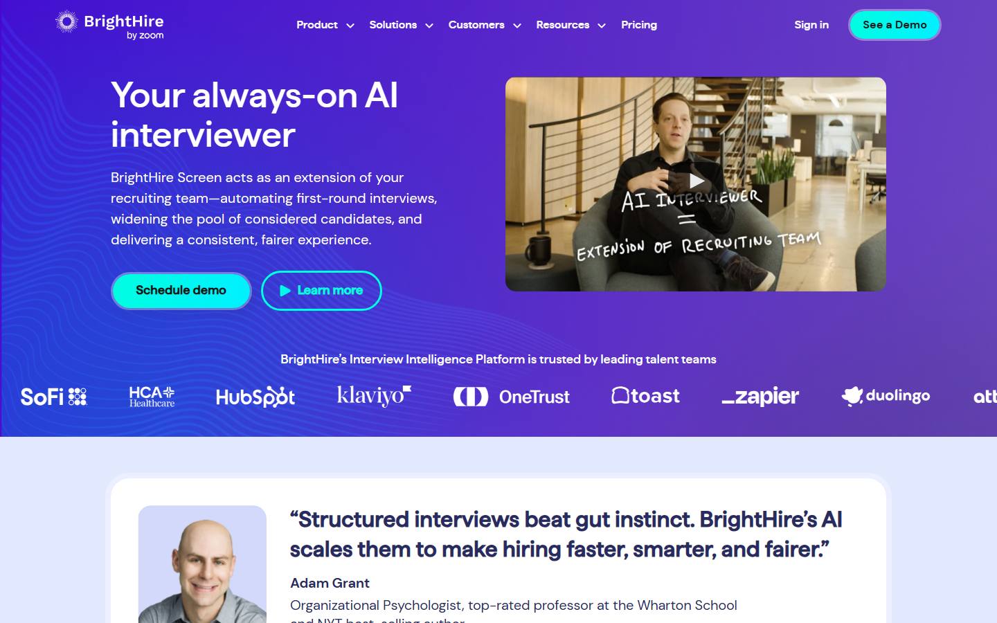 BrightHire's AI interviewer page for BrightHire Screen on 7 October 2026, with the site logo reading BrightHire by Zoom.