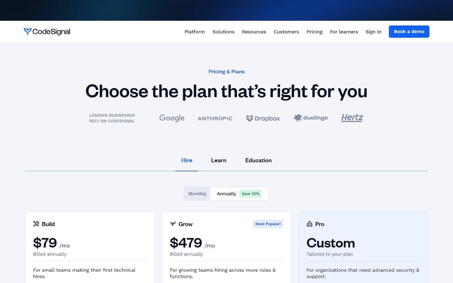 CodeSignal's pricing page on 7 October 2026, showing its plans in the default annual billing view.