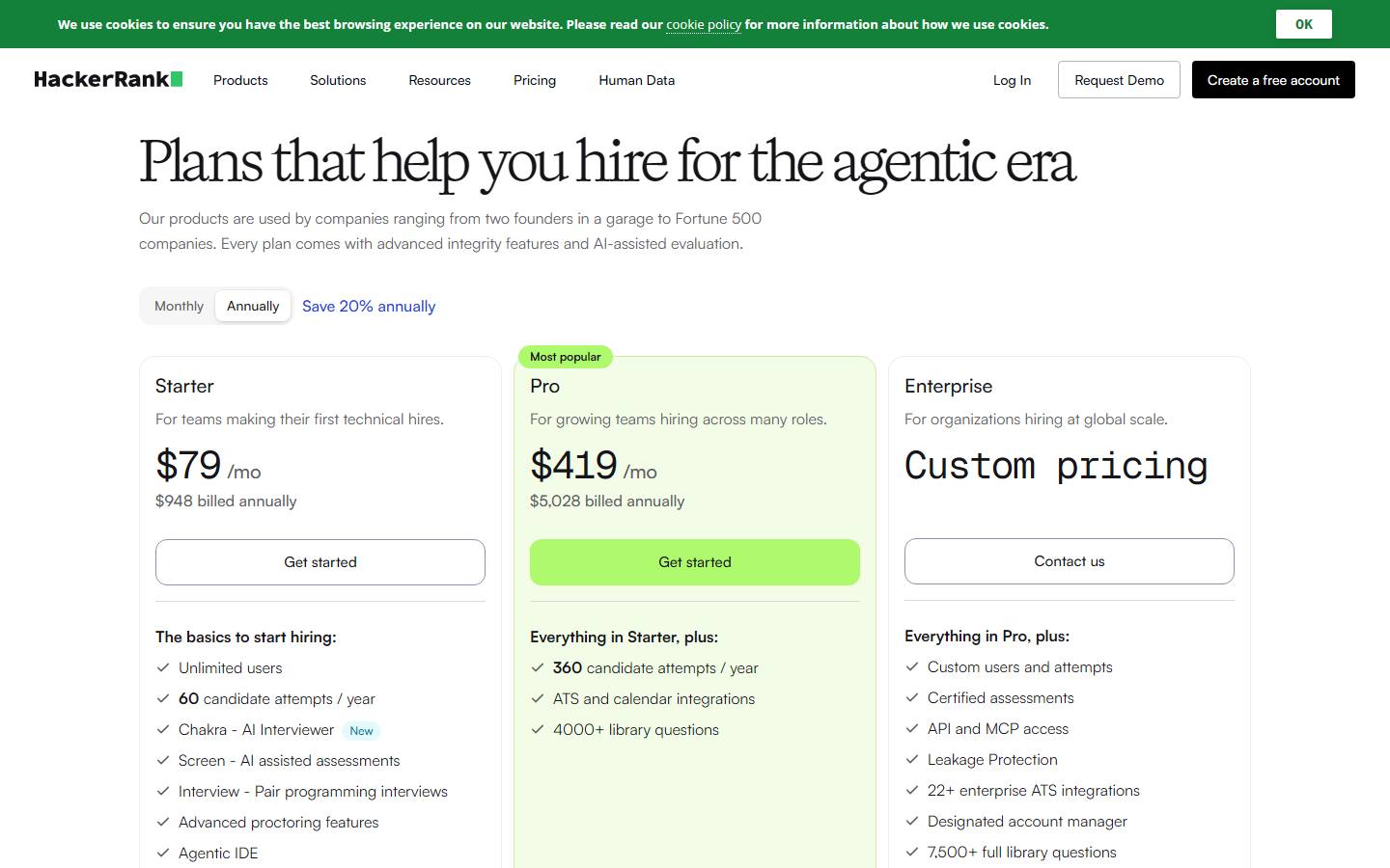 HackerRank's pricing page on 7 October 2026 in the default annual view, with a cookie bar across the top.