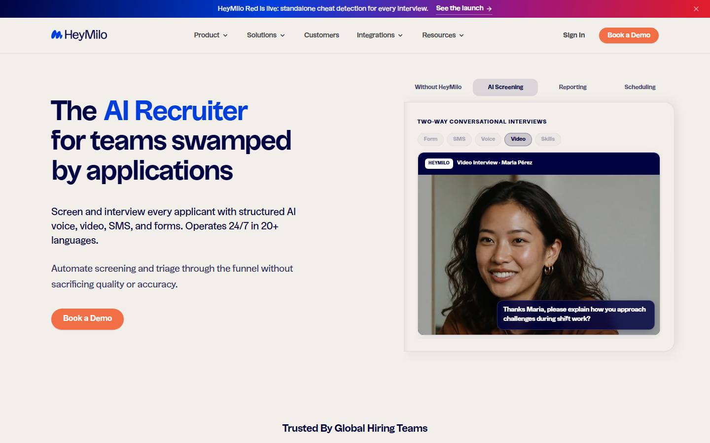 HeyMilo's homepage on 7 October 2026, which pitches structured AI interviews by voice, video, SMS and forms.