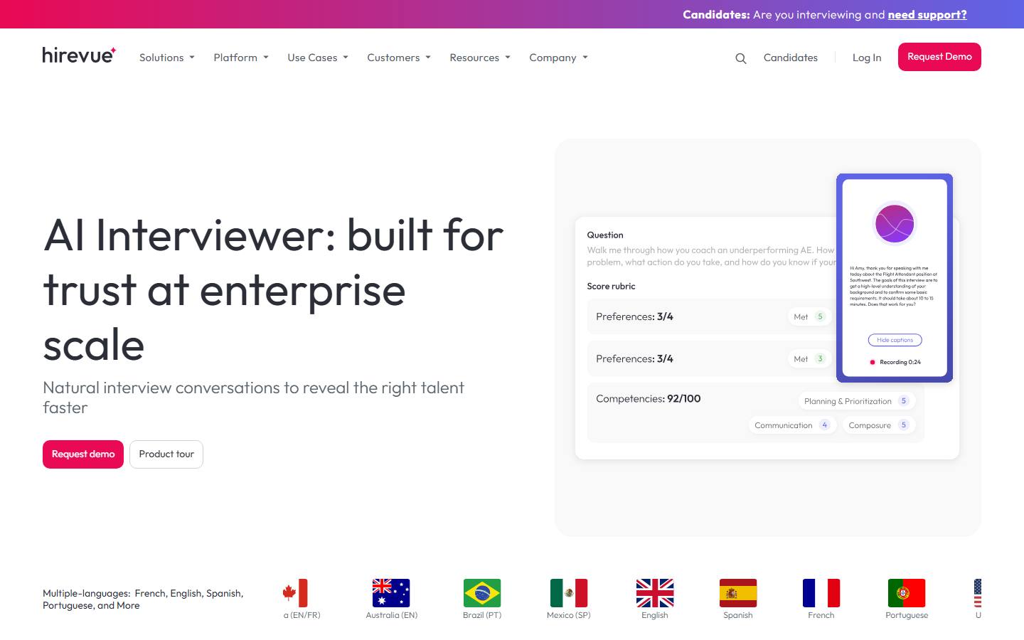 HireVue's AI Interviewer product page on 7 October 2026, which describes the product as built for trust at enterprise scale.