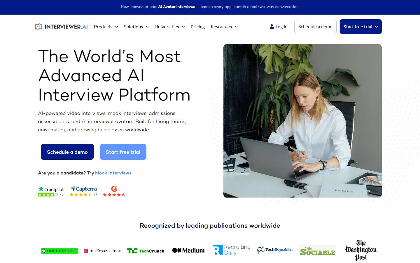 Interviewer.AI's homepage on 7 October 2026, the employer side of a site that also offers mock interviews to candidates.