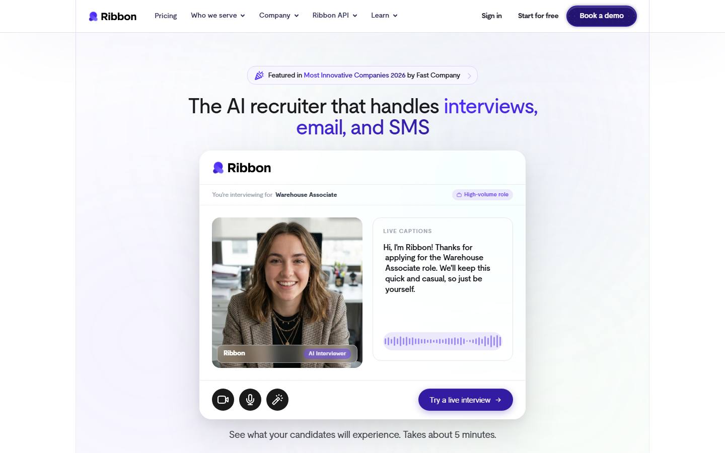Ribbon's homepage on 7 October 2026, showing the demo card for its two-way AI interviewer.