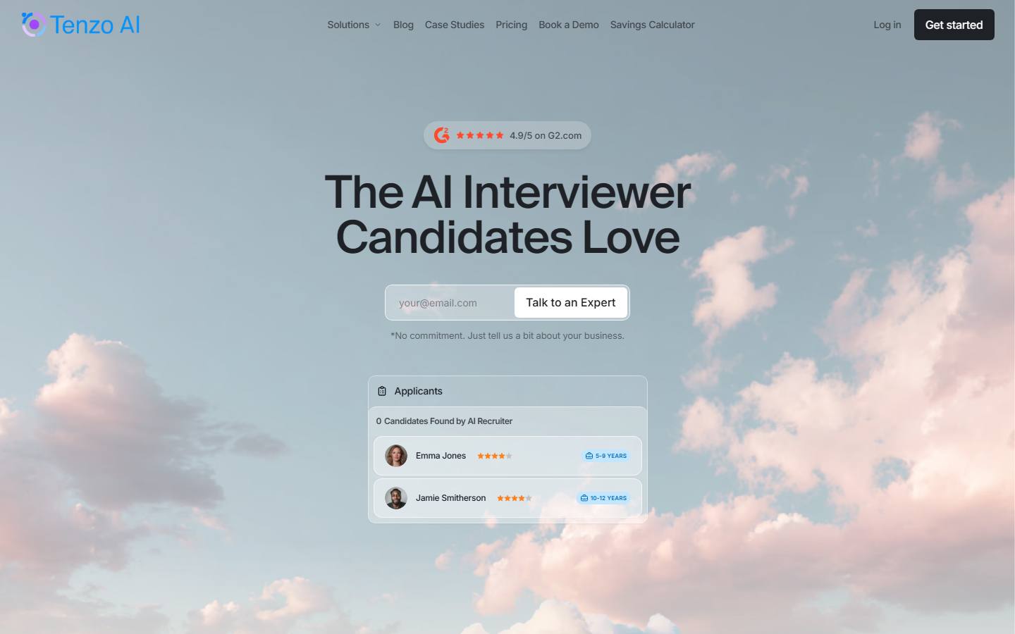 Tenzo's homepage on 7 October 2026, headlined 'The AI Interviewer Candidates Love'.