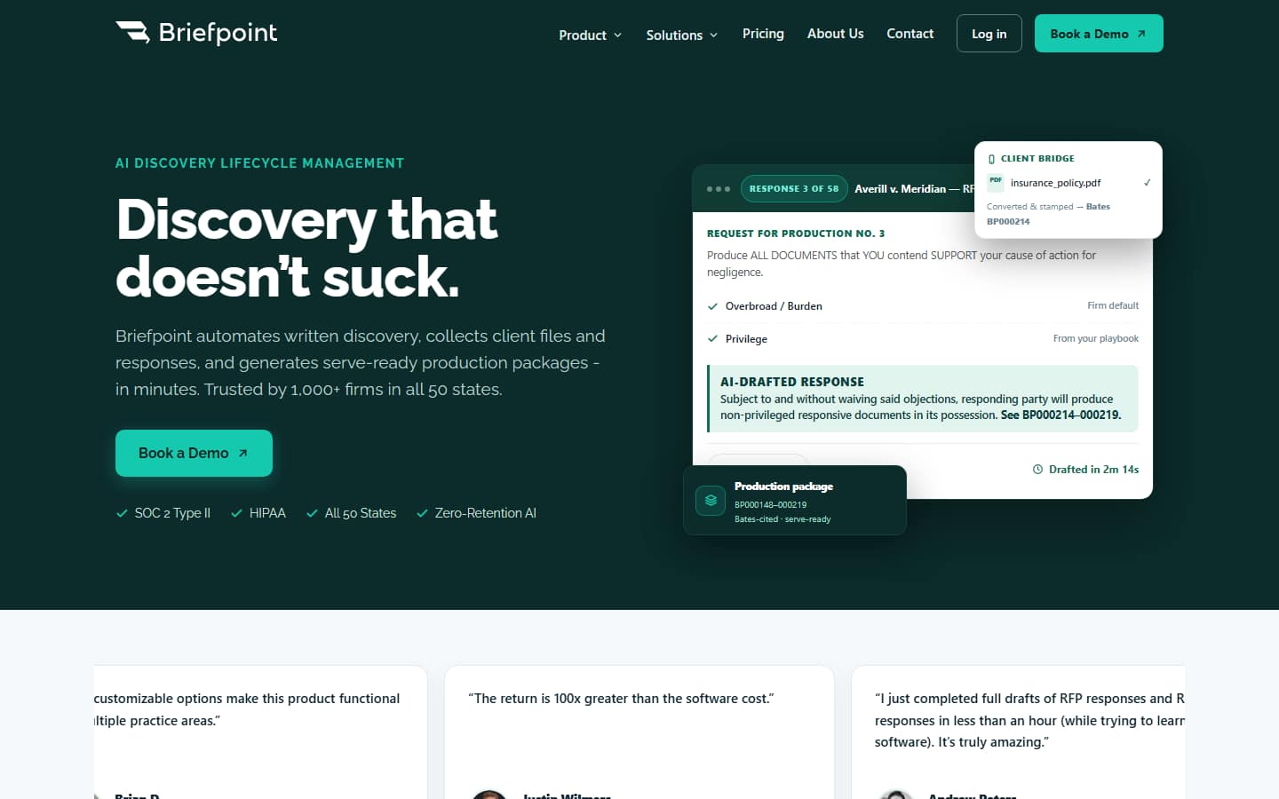 Briefpoint's homepage on 5 October 2026, headlined 'Discovery that doesn't suck.', with a mock AI-drafted response to a request for production and badges for SOC 2 Type II, HIPAA and all 50 states.