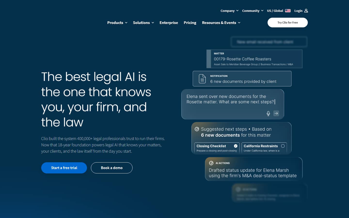 Clio's homepage on 5 October 2026, headlined 'The best legal AI is the one that knows you, your firm, and the law', beside a mock matter screen with suggested next steps and an AI-drafted client status update.