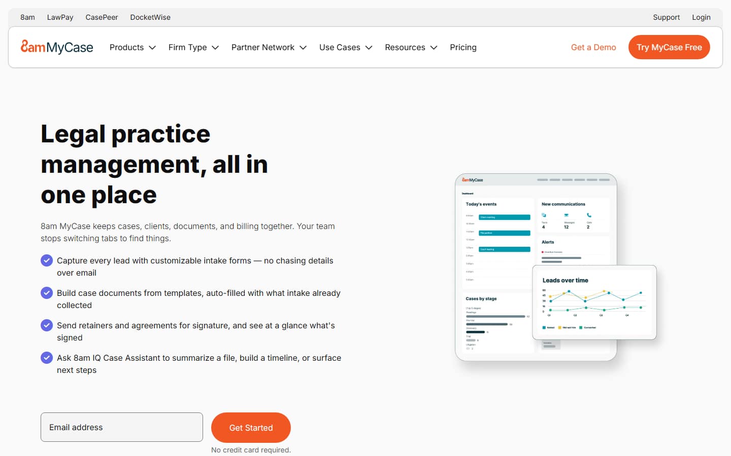 The 8am MyCase homepage on 5 October 2026, headlined 'Legal practice management, all in one place', listing the 8am IQ Case Assistant among its features above an email sign-up box marked 'No credit card required'.