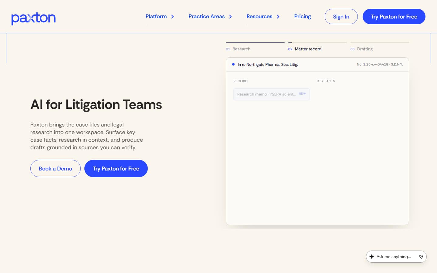 Paxton's homepage on 5 October 2026, headlined 'AI for Litigation Teams', with Book a Demo and Try Paxton for Free buttons beside a matter workspace split into Research, Matter record and Drafting tabs.