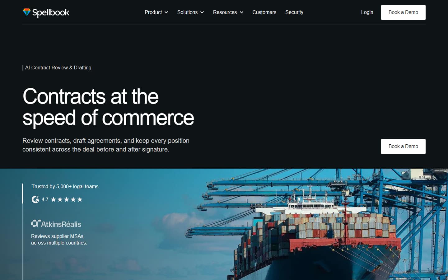 Spellbook's homepage on 5 October 2026, labelled 'AI Contract Review & Drafting' and headlined 'Contracts at the speed of commerce', with Book a Demo buttons and a 'Trusted by 5,000+ legal teams' line over a photo of a container port.