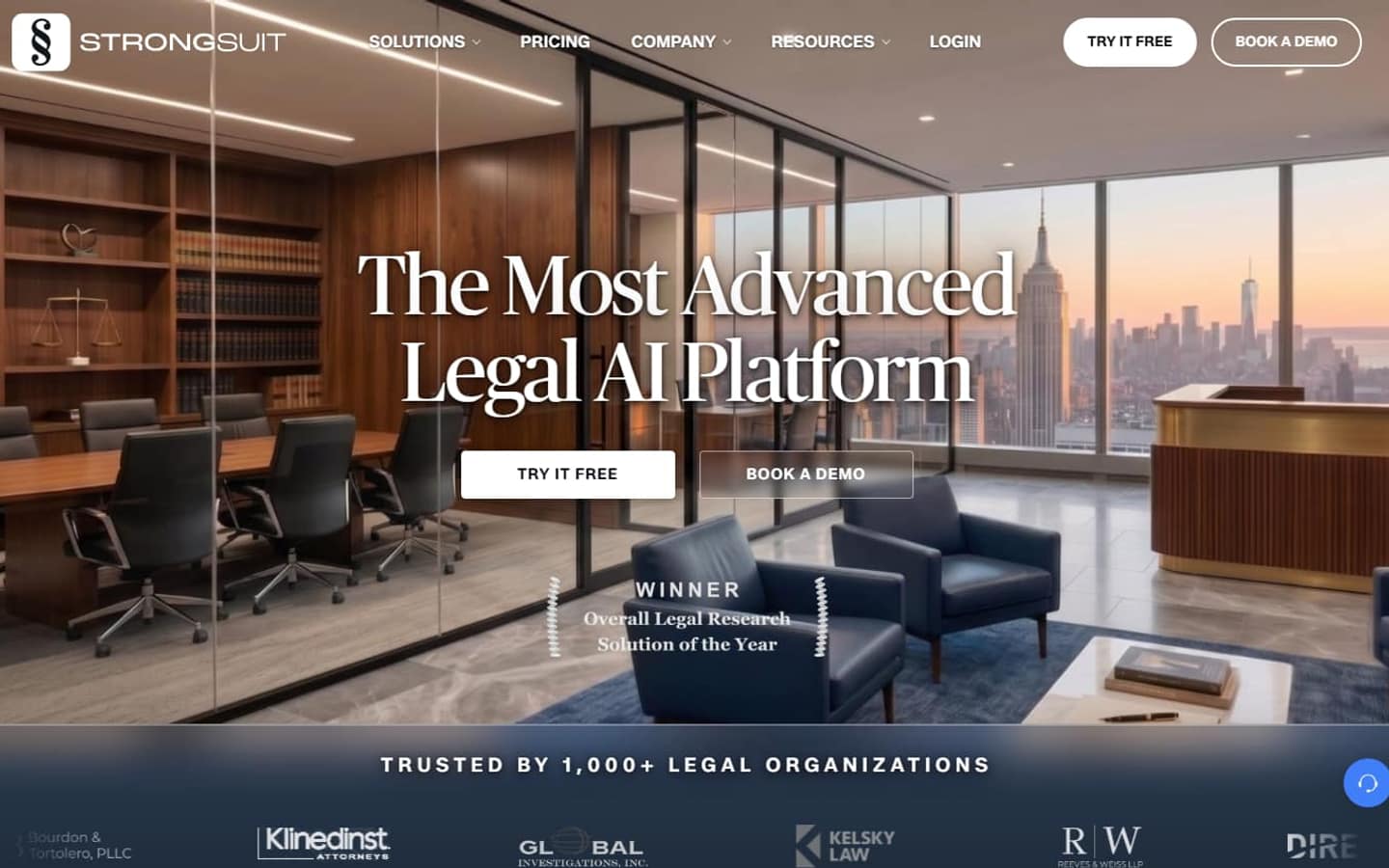 StrongSuit's homepage on 5 October 2026, headlined 'The Most Advanced Legal AI Platform' over a photo of a law office, with Try It Free and Book a Demo buttons.