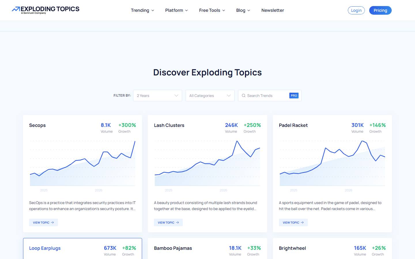 The Exploding Topics homepage on 10 October 2026, showing its free public list of trending topics with volume and growth, and a Search Trends box marked PRO.