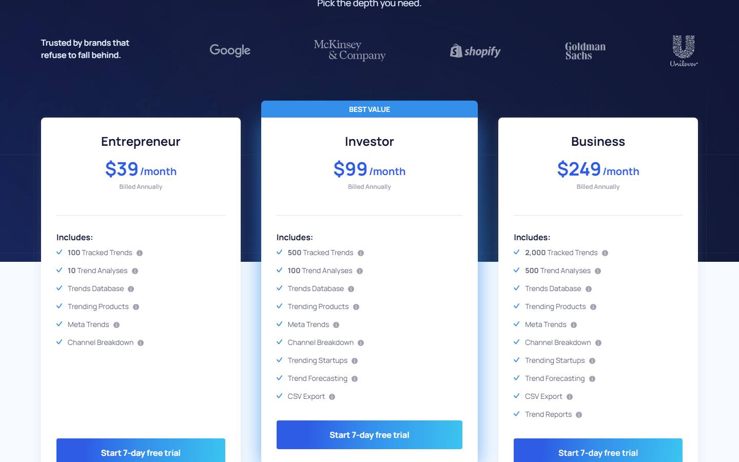 Exploding Topics' pricing page on 10 October 2026, showing Entrepreneur at $39, Investor at $99 and Business at $249 a month, each billed annually with a 7-day free trial.