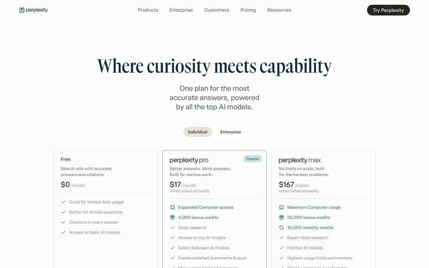 Perplexity's pricing page on 10 October 2026, showing Free at $0, Pro at $17 a month and Max at $167 a month, both billed annually.