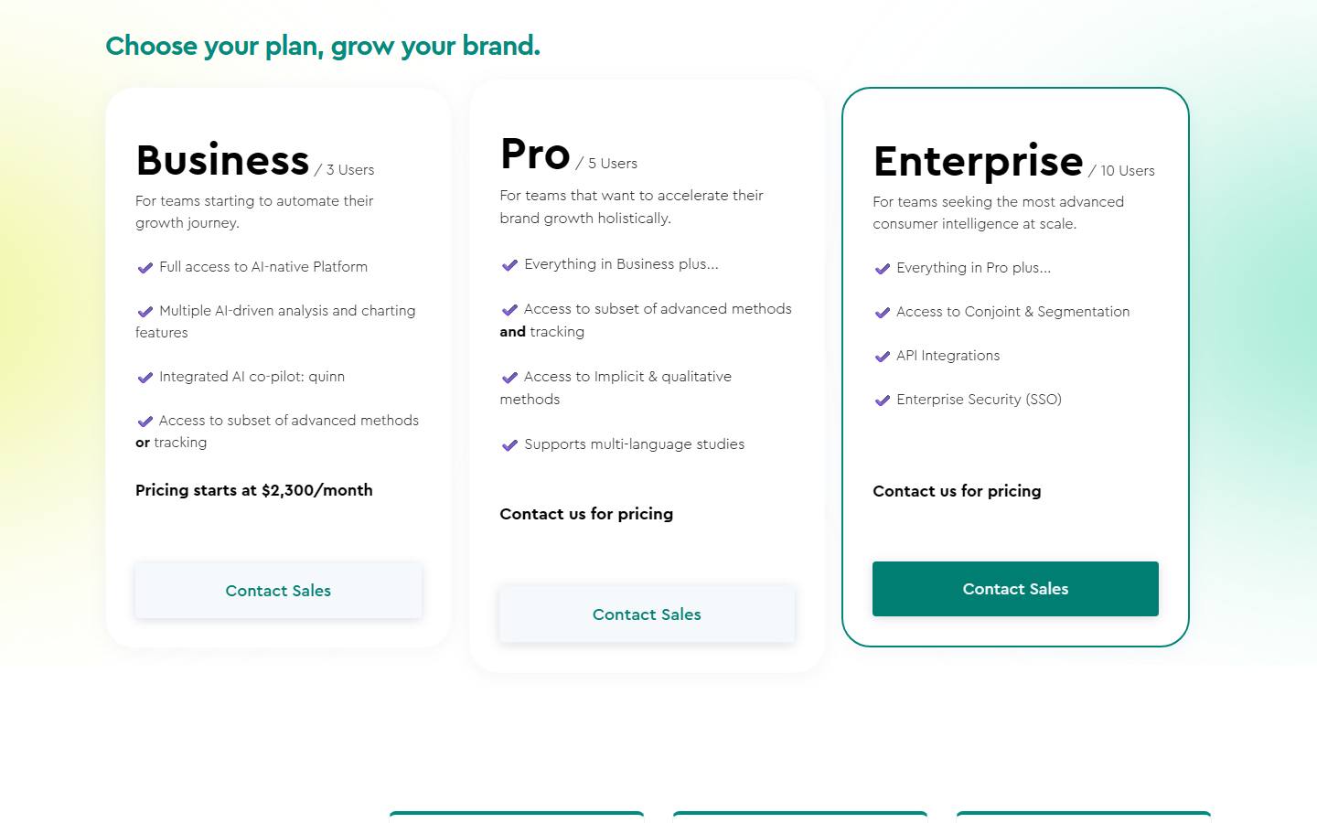 quantilope's pricing page on 10 October 2026, where the Business plan for three users starts at $2,300 a month and the Pro and Enterprise plans say contact us for pricing.