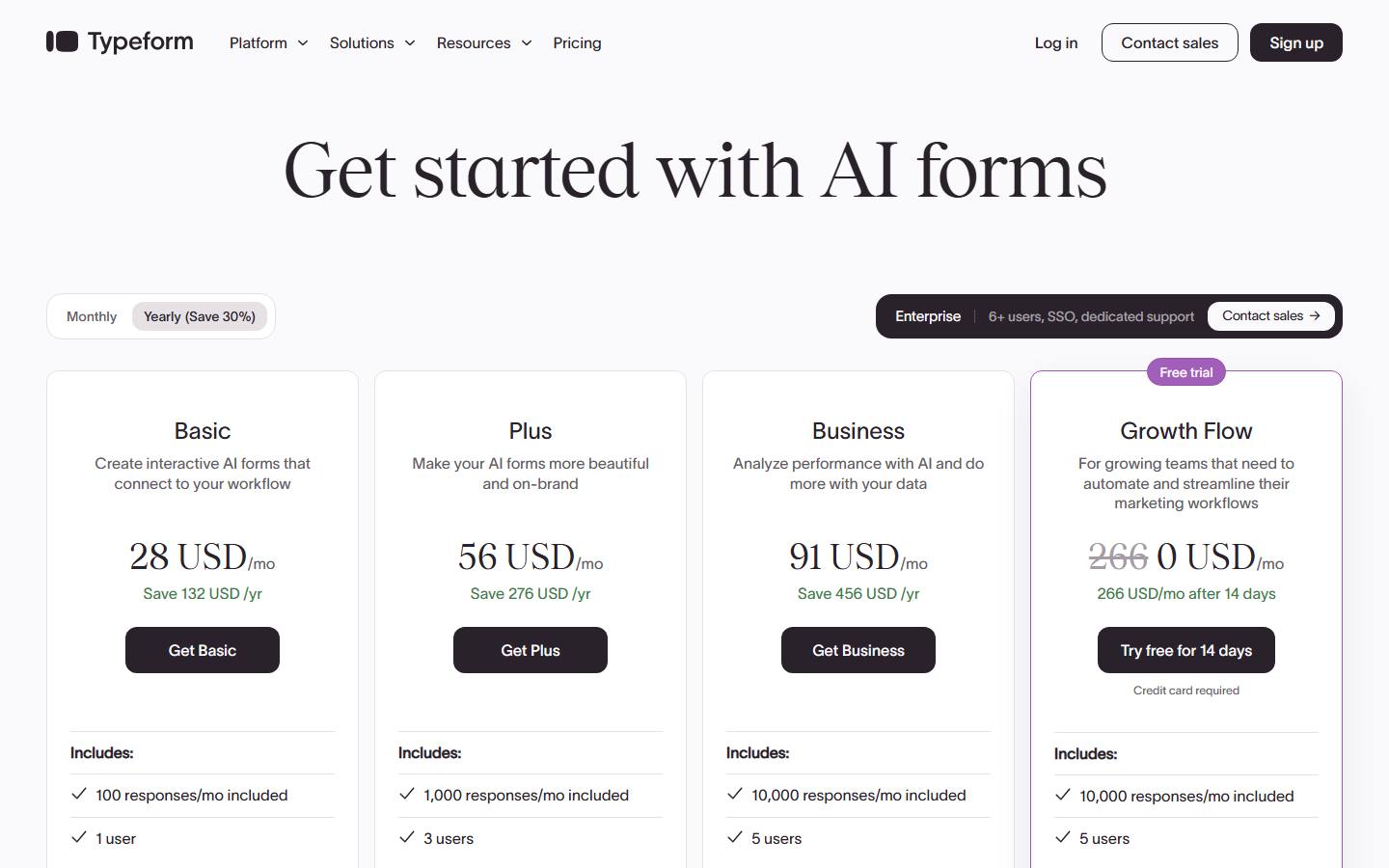 Typeform's pricing page on 10 October 2026 in its default yearly view, with Basic at 28, Plus at 56 and Business at 91 US dollars a month, and Growth Flow on a 14-day trial.