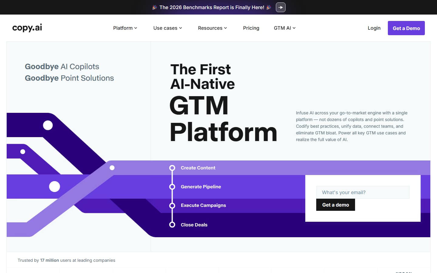 Copy.ai's homepage on 17 September 2026, headlined The First AI-Native GTM Platform.