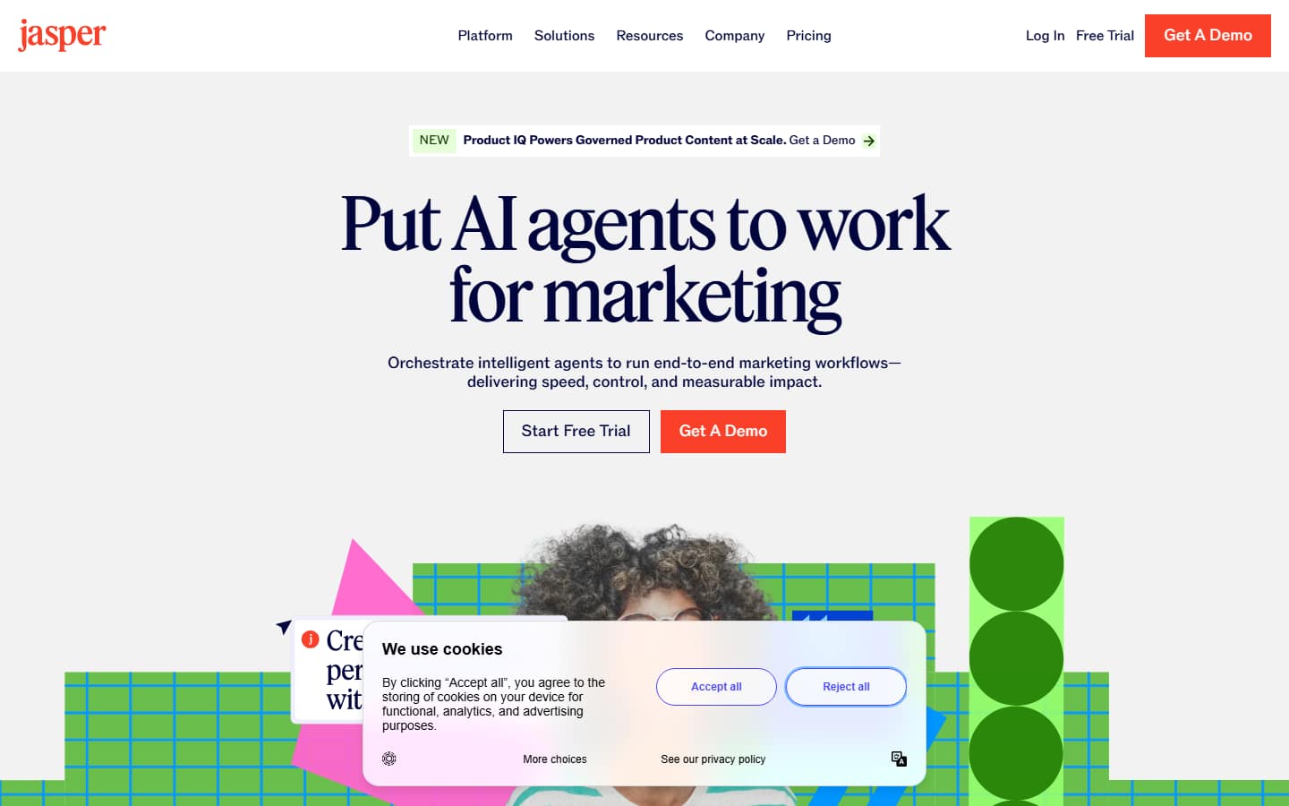 Jasper's homepage on 17 September 2026, headlined Put AI agents to work for marketing.