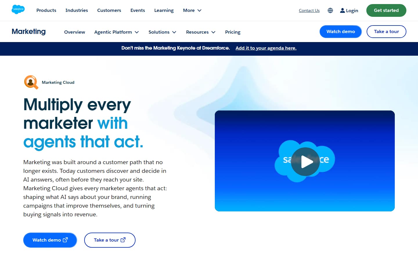 Salesforce's marketing page on 17 September 2026, headlined Multiply every marketer with agents that act and selling Marketing Cloud.