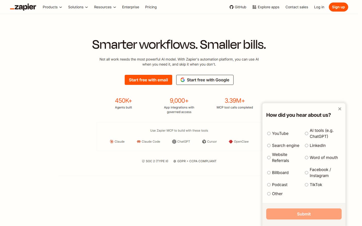 Zapier's homepage on 17 September 2026, headlined Smarter workflows. Smaller bills.