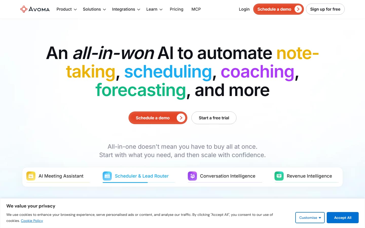 Avoma's homepage, captured 5 October 2026, pitching AI for note-taking, scheduling, coaching and forecasting, with tabs for AI Meeting Assistant, Conversation Intelligence and Revenue Intelligence.