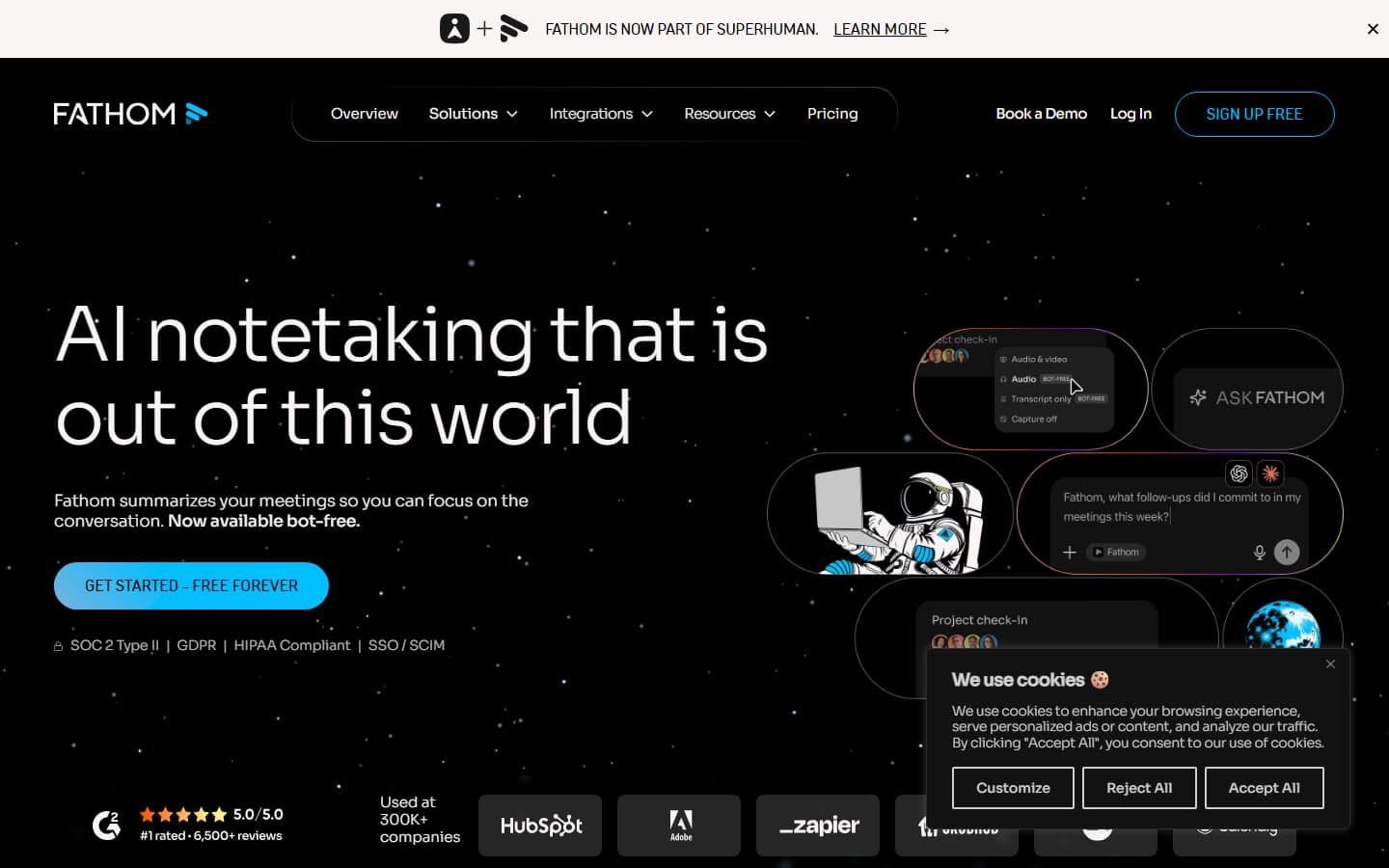 Fathom's homepage, captured 5 October 2026, with the headline AI notetaking that is out of this world and a button reading Get started, free forever.