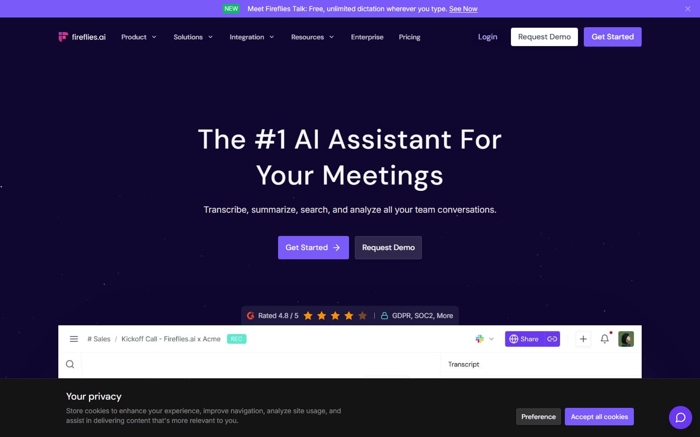 Fireflies.ai homepage, captured 5 October 2026, headlined The #1 AI Assistant For Your Meetings, with a transcript view of a sales kickoff call below.