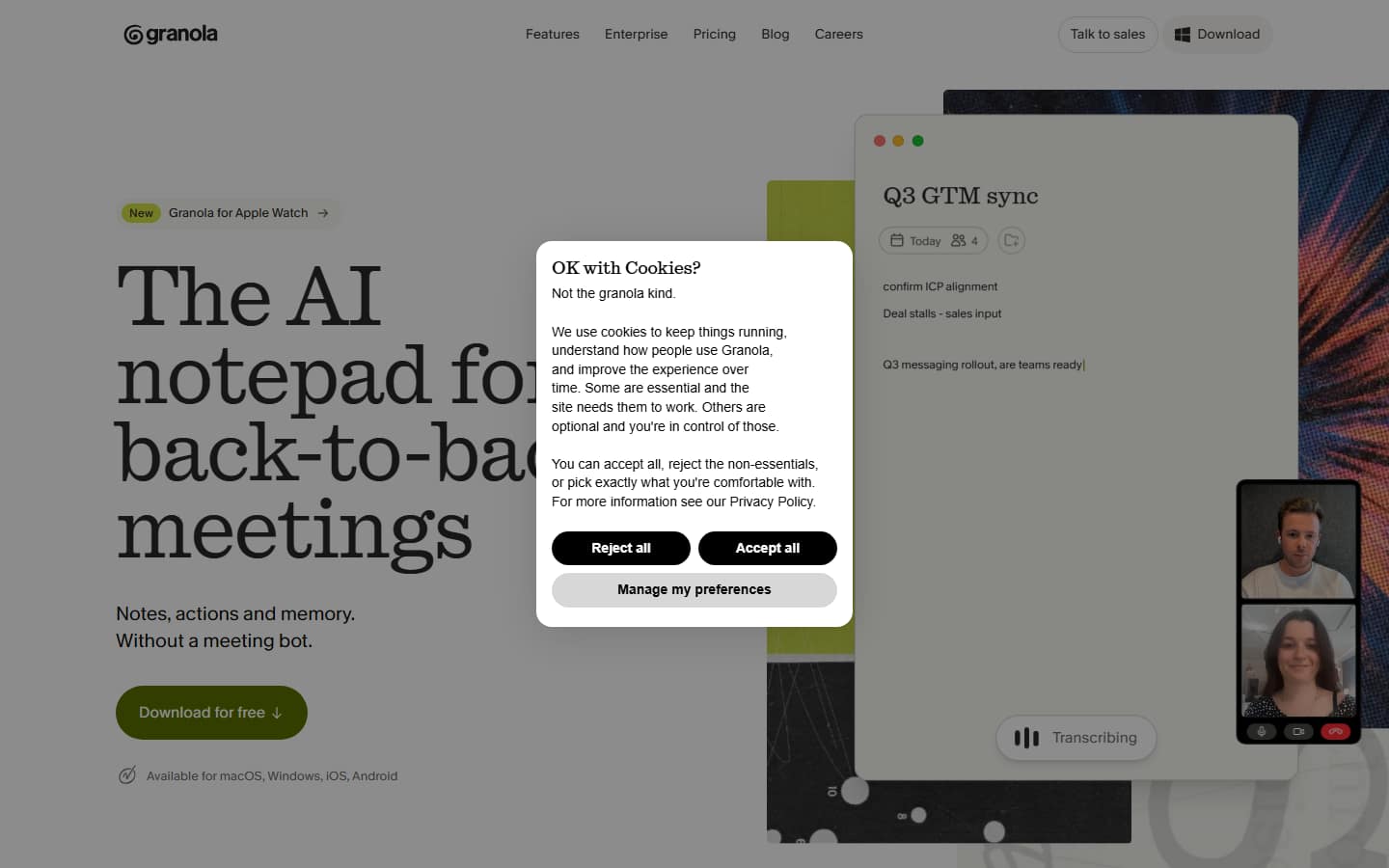 Granola's homepage, captured 5 October 2026, describing an AI notepad for back-to-back meetings that works without a meeting bot, partly covered by a cookie notice.