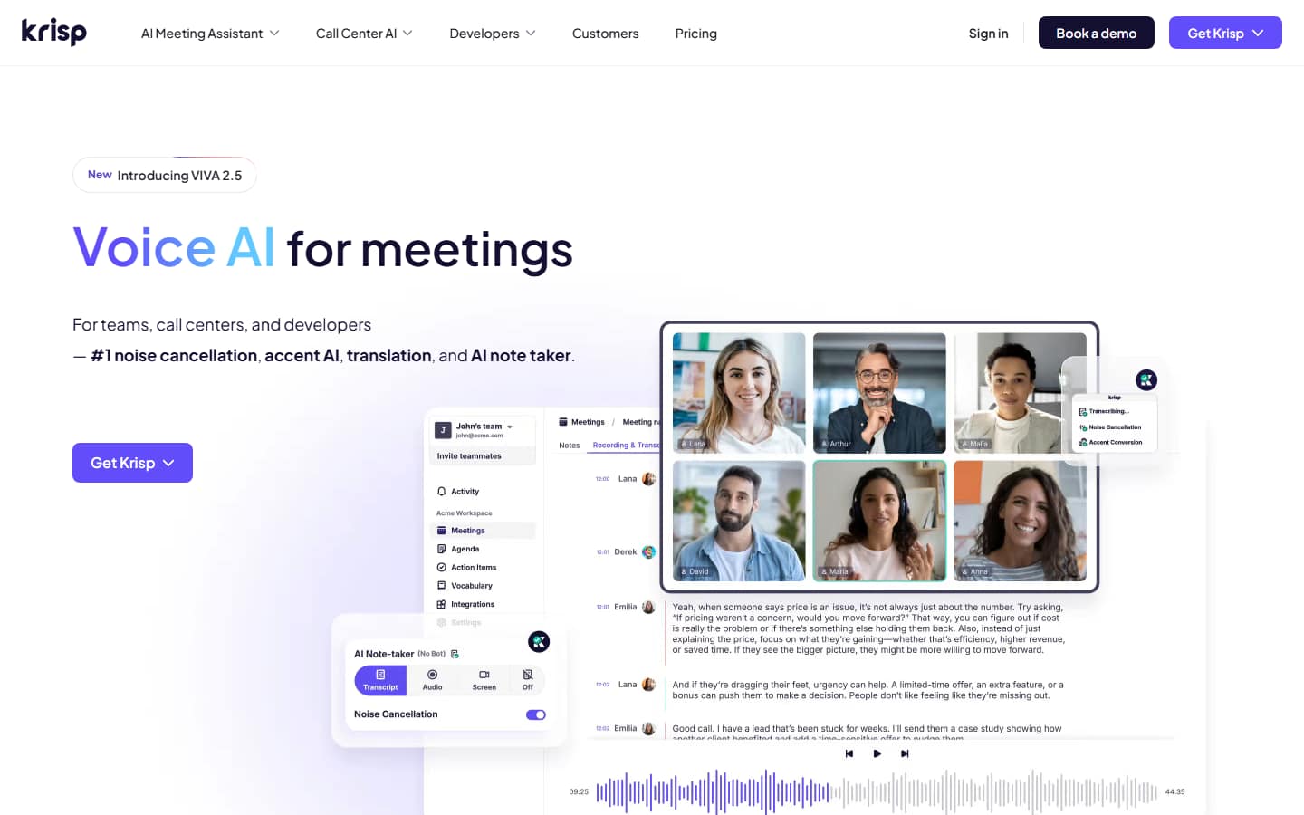Krisp's homepage, captured 5 October 2026, headlined Voice AI for meetings, showing a call transcript and an AI note-taker panel marked no bot.