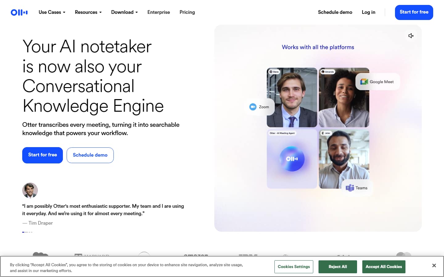 Otter.ai homepage, captured 5 October 2026, headlined Your AI notetaker is now also your Conversational Knowledge Engine, beside a video call grid labelled Zoom, Google Meet and Teams.