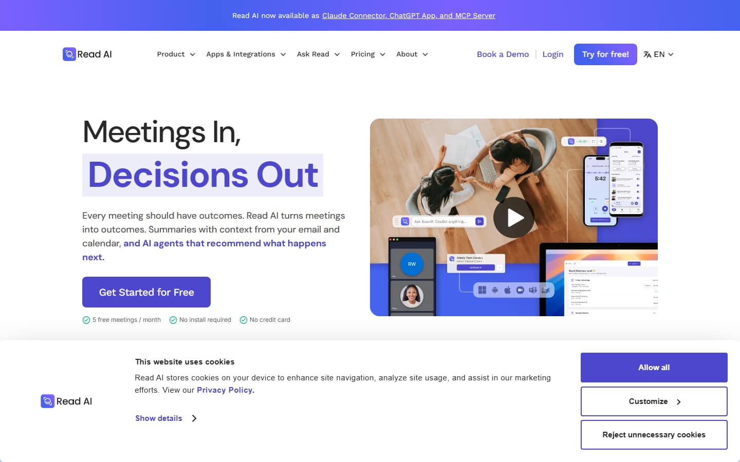 Read AI's homepage, captured 5 October 2026, headlined Meetings In, Decisions Out, with a Get Started for Free button and a note reading 5 free meetings a month.