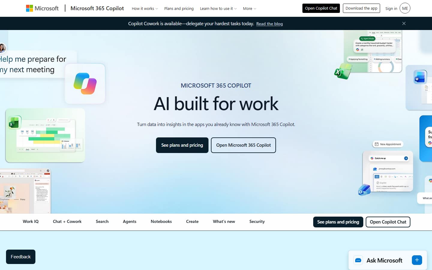 Copilot answering alongside Word, Excel and Outlook files, read off Microsoft's Copilot product page on 17 September 2026