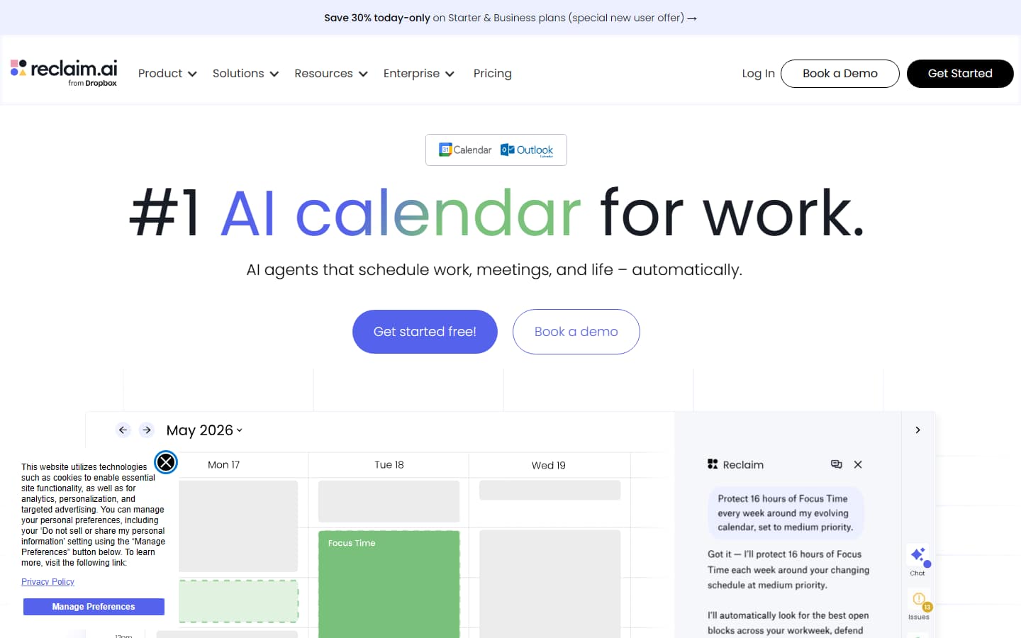 A Google Calendar week with Reclaim.ai's scheduled focus blocks written into it, captured 17 September 2026