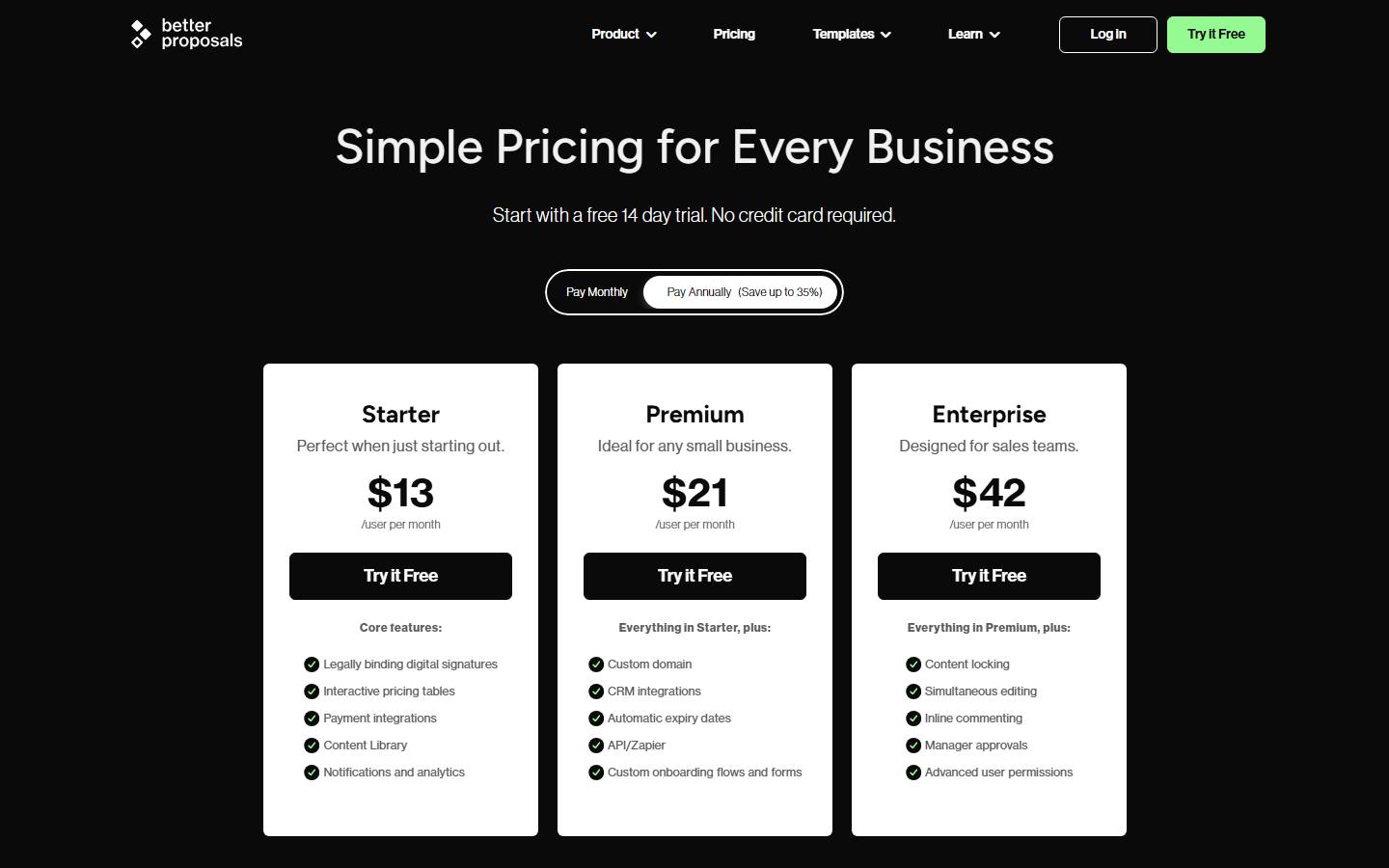 Better Proposals' pricing page on 9 October 2026 in its default annual view, showing Starter at $13, Premium at $21 and Enterprise at $42 a seat a month.