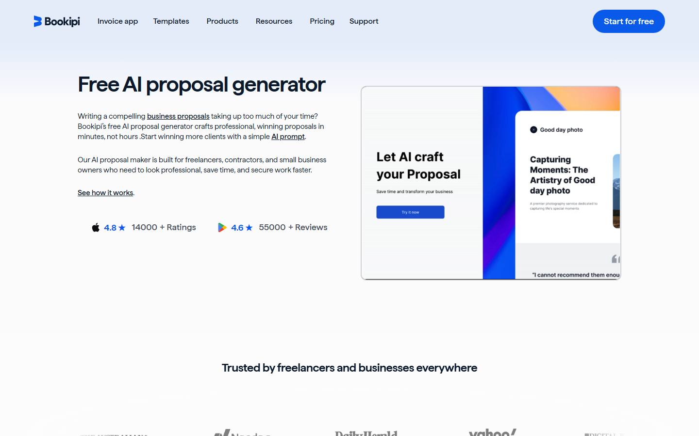 Bookipi's free AI proposal generator page on 9 October 2026, with a demo panel showing a drafted proposal for a photography business.