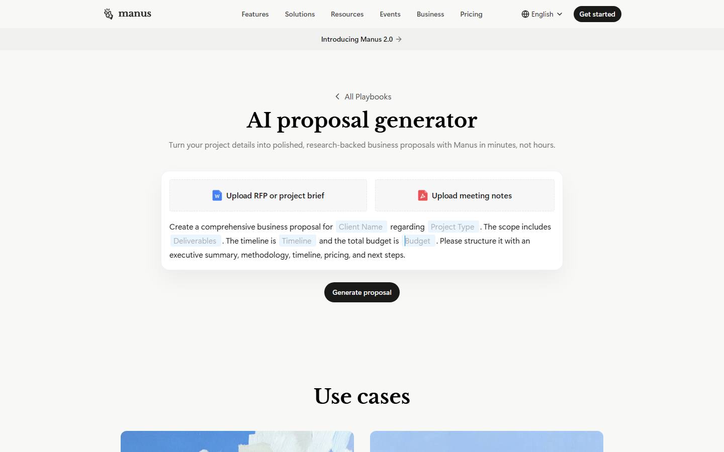 Manus's AI proposal generator playbook on 9 October 2026, with upload boxes for an RFP or project brief and for meeting notes above a fill-in prompt.