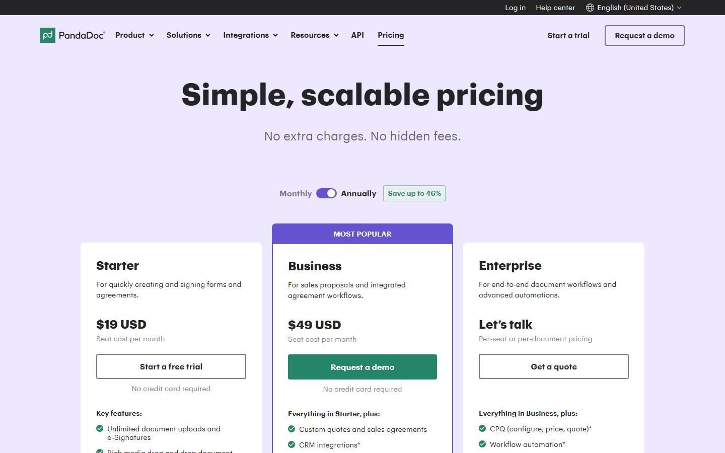 PandaDoc's pricing page on 9 October 2026 in its default annual view, showing Starter at $19 and Business at $49 a seat a month, with Enterprise on a quote.
