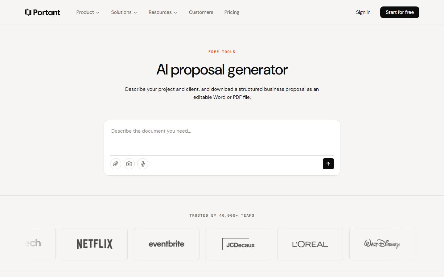 Portant's free AI proposal generator on 9 October 2026, offering a structured business proposal as an editable Word or PDF file from a short description.