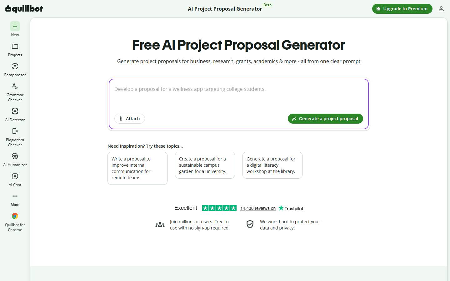 QuillBot's Free AI Project Proposal Generator on 9 October 2026, tagged Beta, with a prompt box and a note that it is free to use with no sign-up.