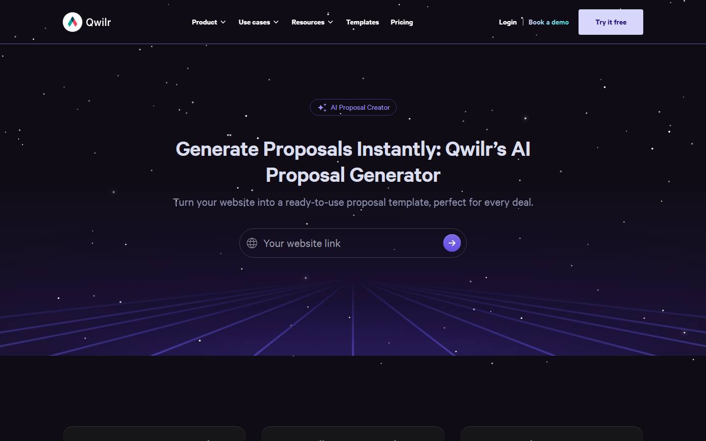 Qwilr's AI Proposal Creator page on 9 October 2026, asking for your website link to generate a proposal.