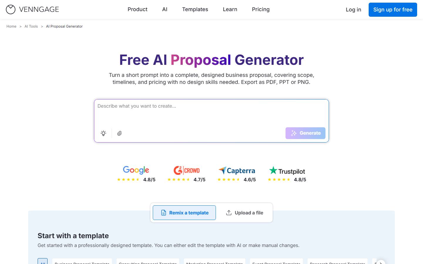 Venngage's Free AI Proposal Generator page on 9 October 2026, with a prompt box under a line that promises export as PDF, PPT or PNG.