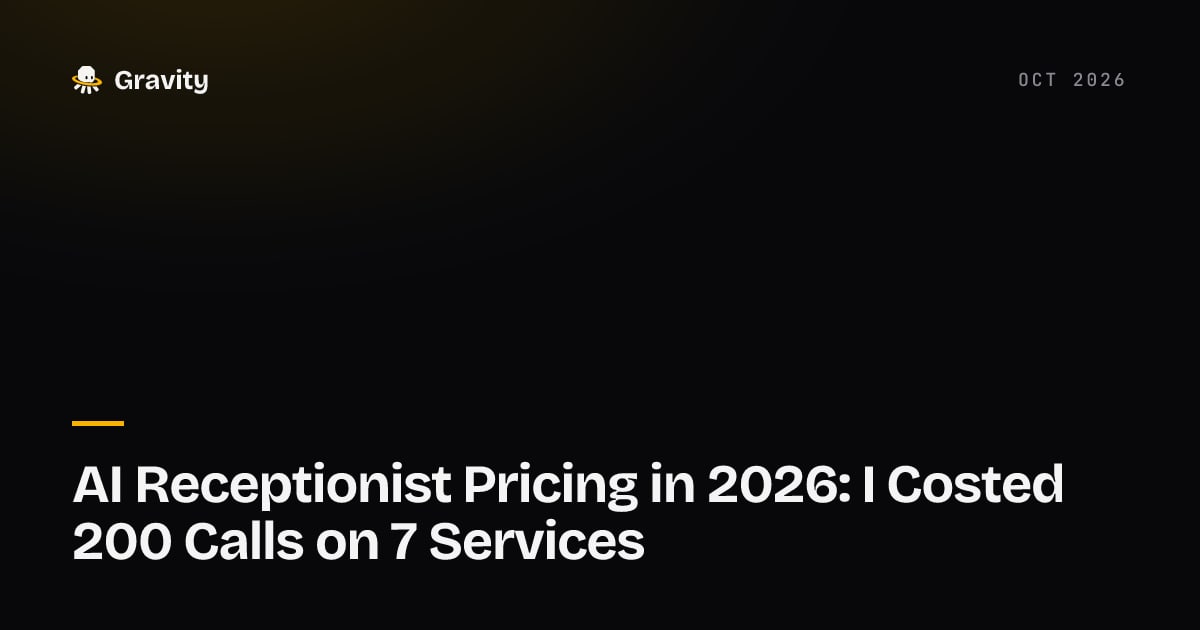 Cover card: AI receptionist pricing in 2026, one 200-call month costed on seven services, Gravity blog