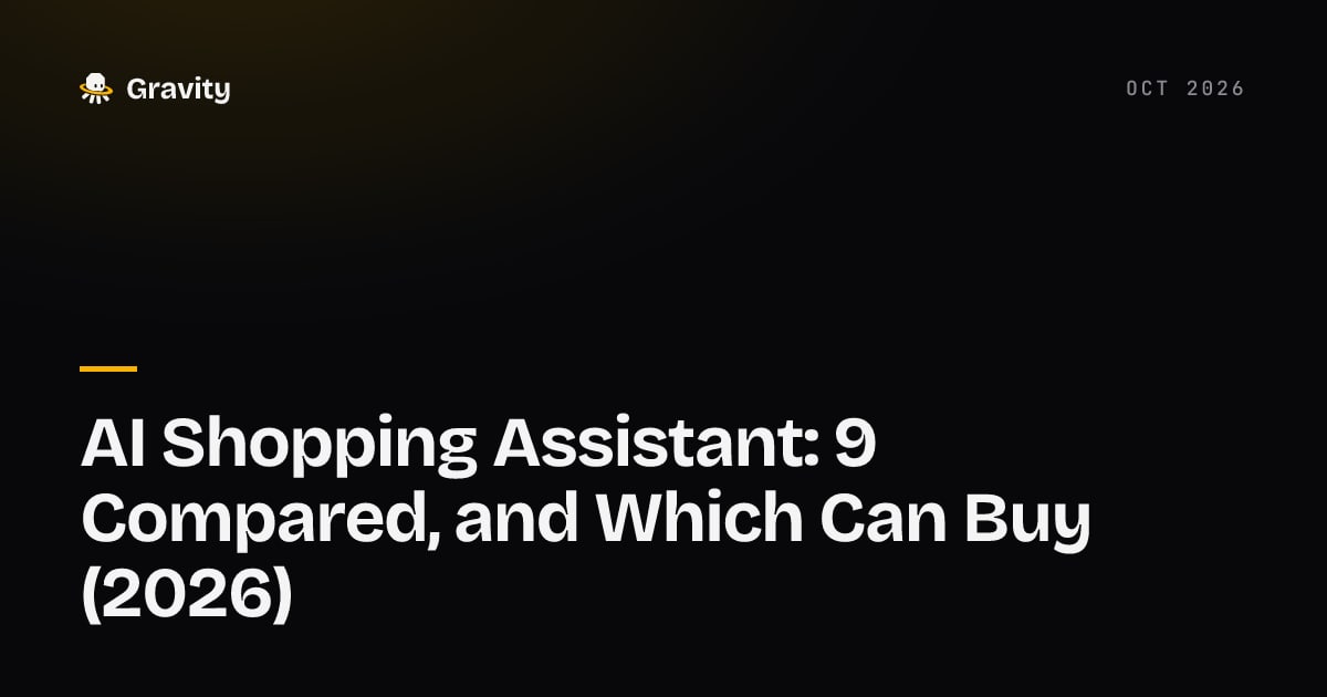Cover card: AI shopping assistants compared, nine assistants and which of them can buy for you, Gravity blog