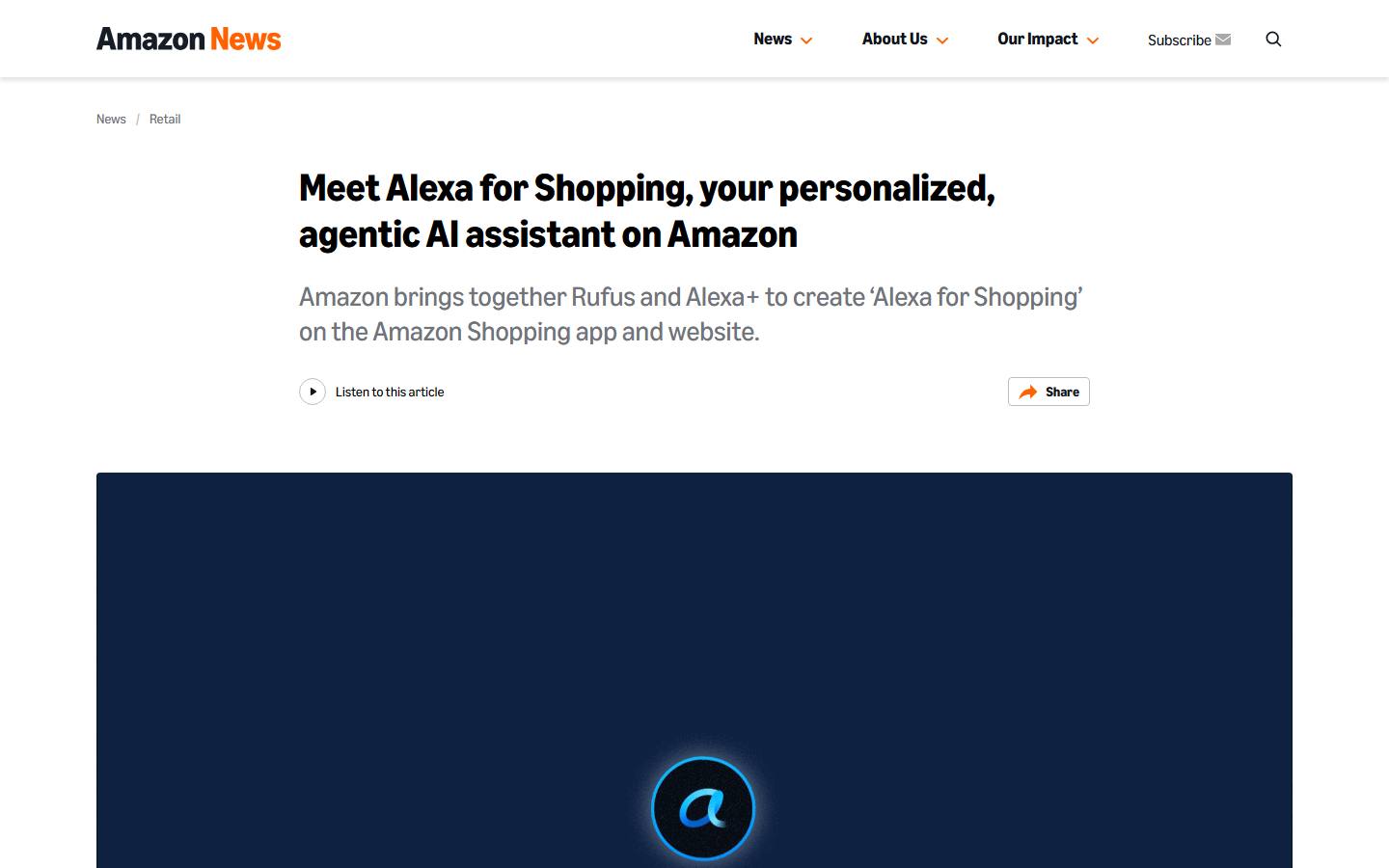 Amazon's announcement page for Alexa for Shopping, headlined as a personalized, agentic AI assistant on Amazon, captured 8 October 2026.