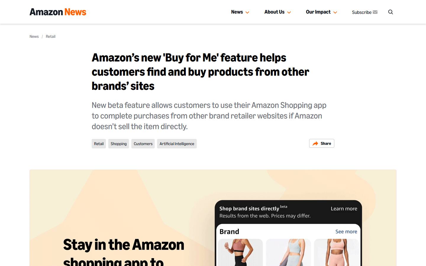 Amazon's April 2025 announcement page for the Buy for Me beta, showing a phone mockup of shopping a brand's own site, captured 8 October 2026.
