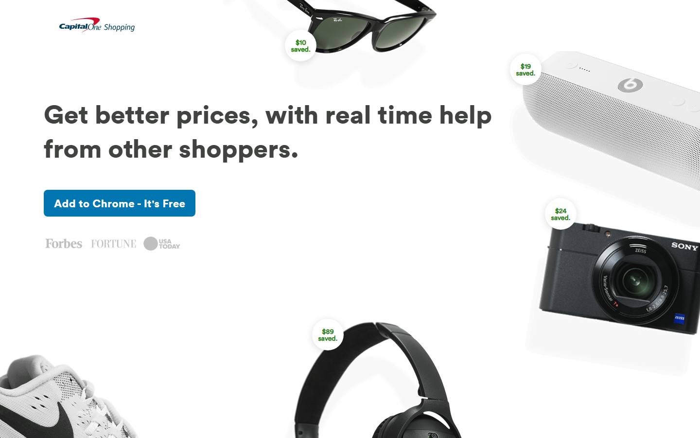 Capital One Shopping's about page with an Add to Chrome button marked free, captured 8 October 2026.