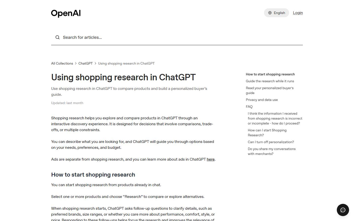 OpenAI's help center article titled Using shopping research in ChatGPT, captured 8 October 2026.