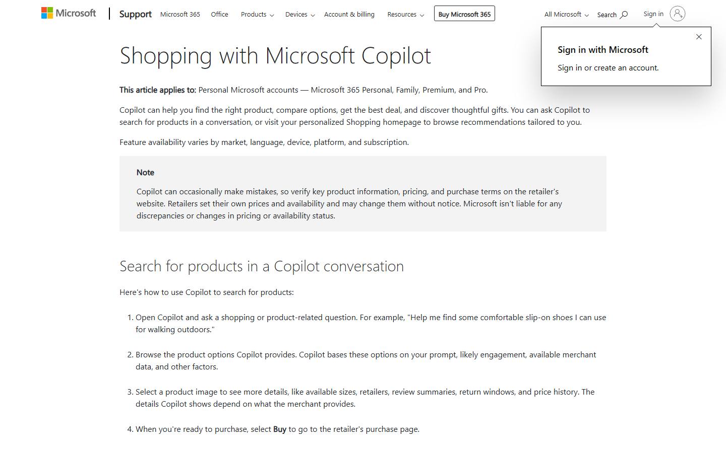 Microsoft's support article Shopping with Microsoft Copilot, showing steps one to four including selecting Buy to go to the retailer's purchase page, captured 8 October 2026.