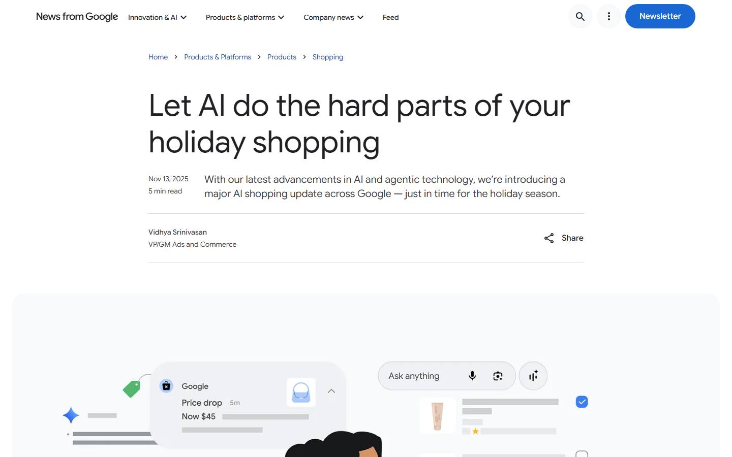 Google's November 2025 blog post about AI holiday shopping and agentic checkout, with a price-drop illustration, captured 8 October 2026.