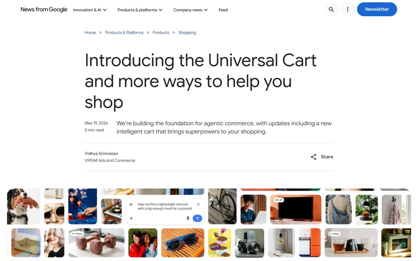 Google's May 2026 blog post introducing the Universal Cart, captured 8 October 2026.